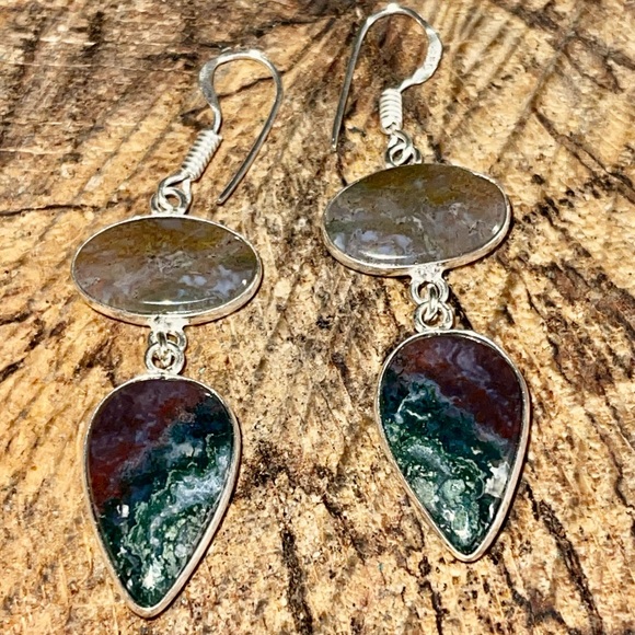 Mocha Stone Green Moss Agate Earrings 2” - Picture 3 of 5